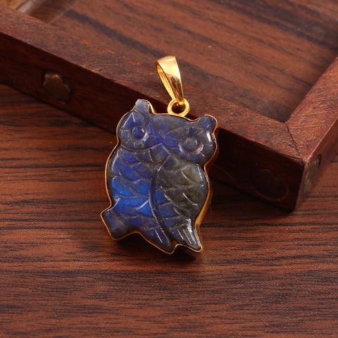 925 Sterling Silver Bird Labradorite Carving Owl Gold Plated Handmade Jewelry Necklace