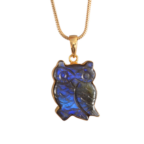 925 Sterling Silver Bird Labradorite Carving Owl Gold Plated Handmade Jewelry Necklace