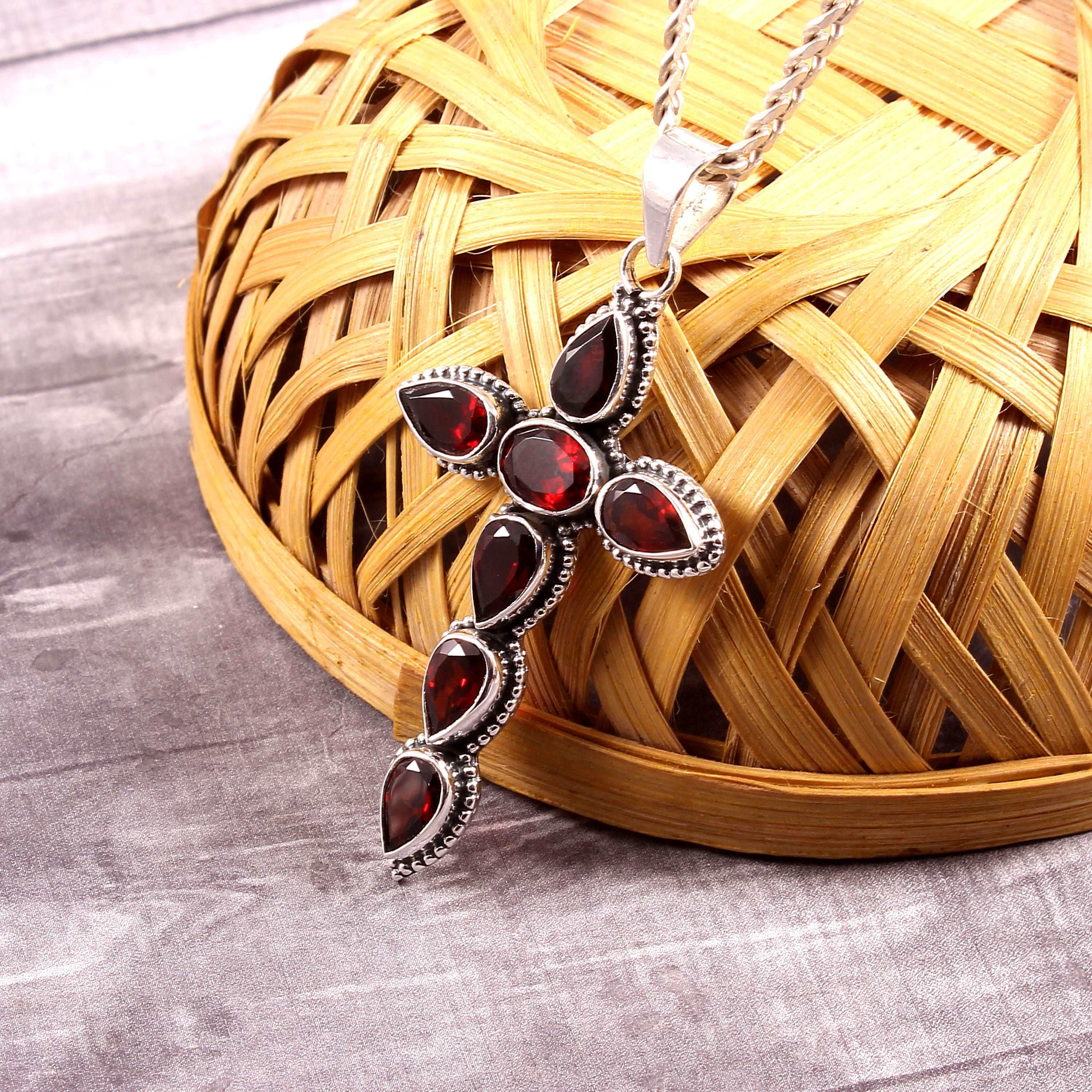 Silver Garnet Cross Pendant