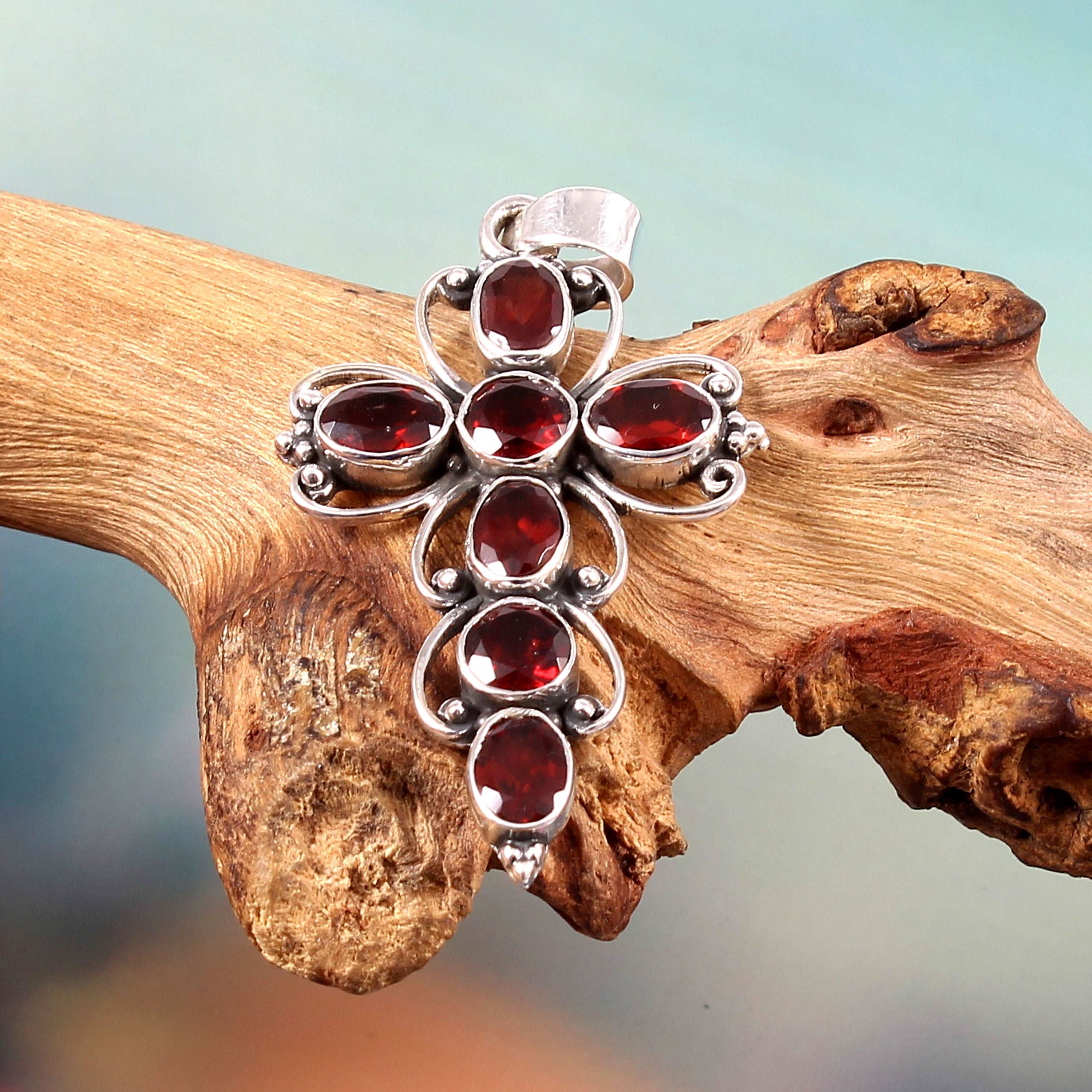 Silver Garnet Cross Pendant