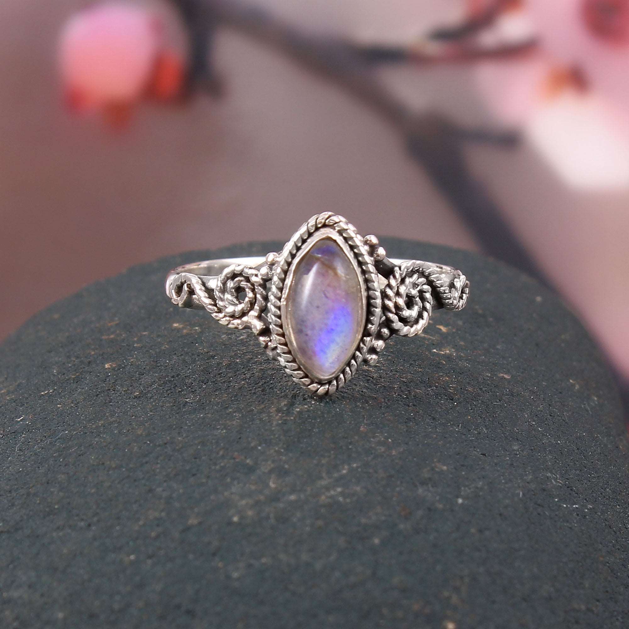 Silver Rainbow Moonstone Ring