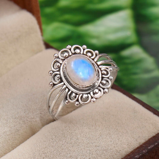 Silver Rainbow Moonstone Ring