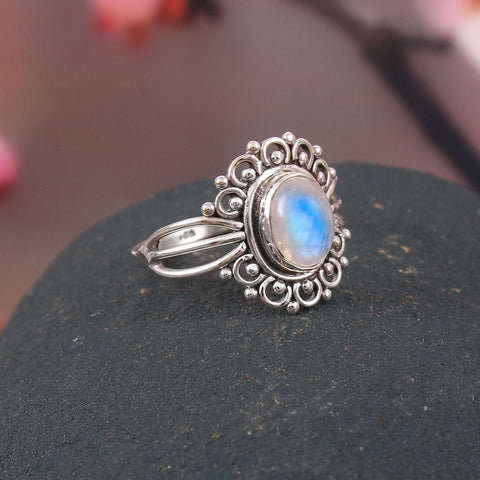 Silver Rainbow Moonstone Ring