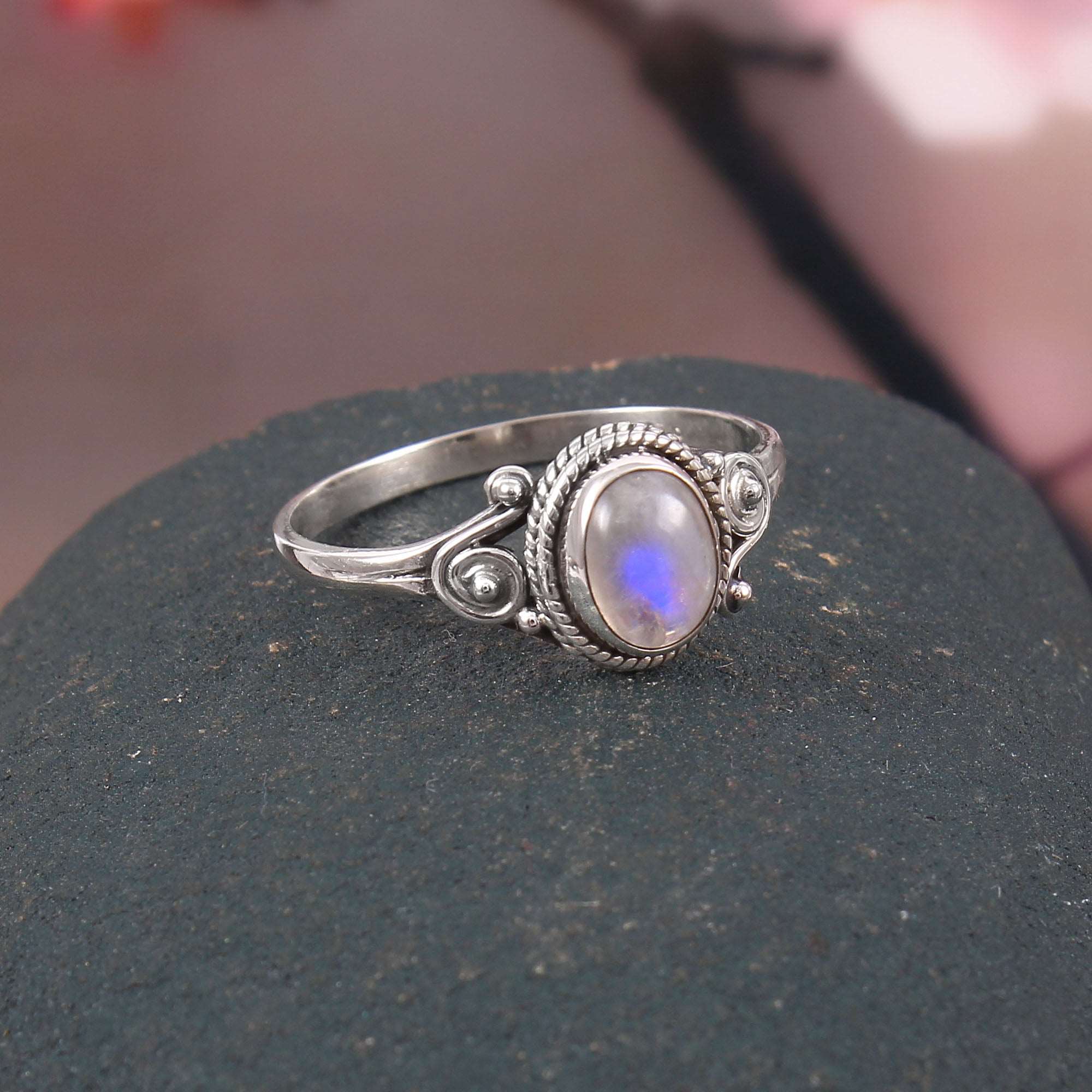 Silver Rainbow Moonstone Ring