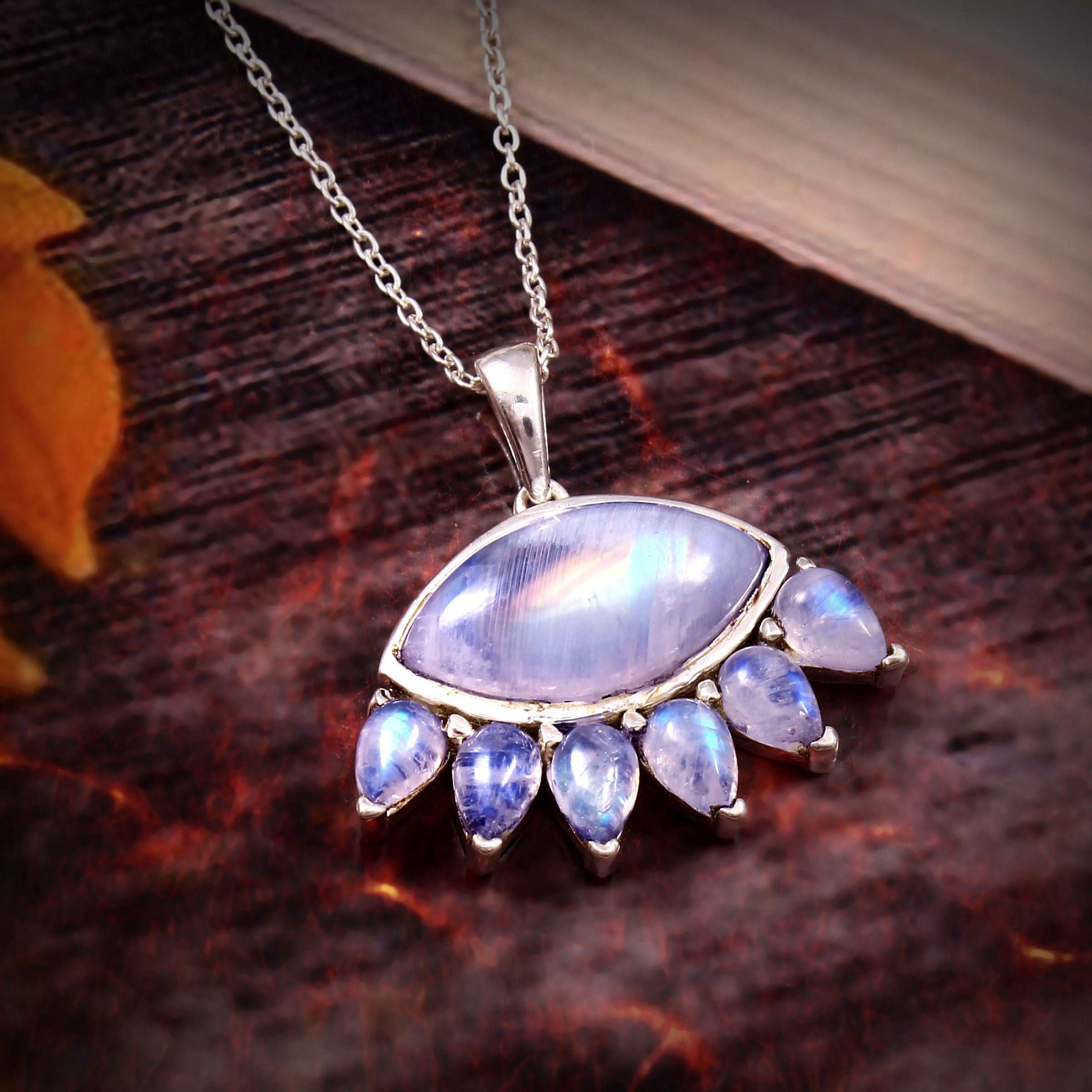 925 Sterling Silver Rainbow Moonstone Eye Shape Pendant