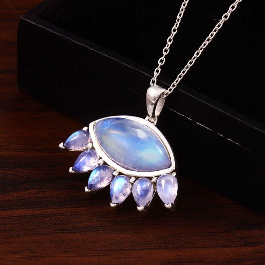 925 Sterling Silver Rainbow Moonstone Eye Shape Pendant