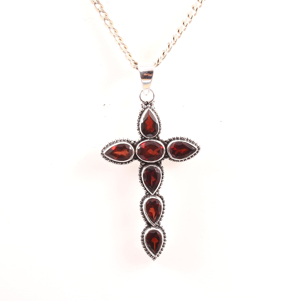 925 Sterling Silver Red Garnet Cross Pendant Gift For Her/Him