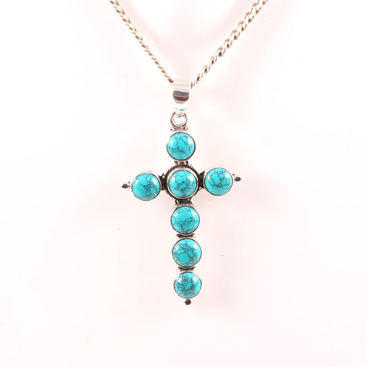 925 Sterling Silver Turquoise Round Cross Pendant For Christmas Gift