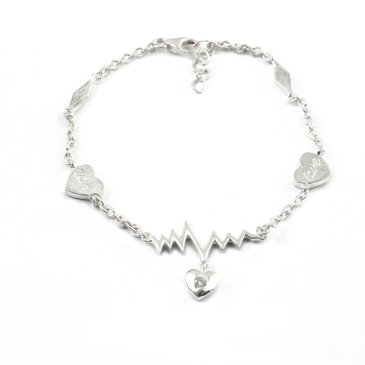 925 Sterling Silver Heartbeat Tiny Hearts & CZ Bracelet by Jewelldiro Jewellery