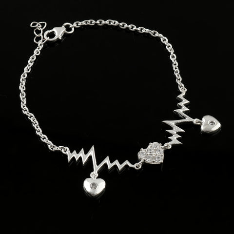 Solid 925 Sterling Silver Adjustable Zircon Heart Charm Bracelet By Jewelldiro