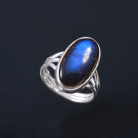 925 Sterling Silver Blue Labradorite Gemstone Oval Ring