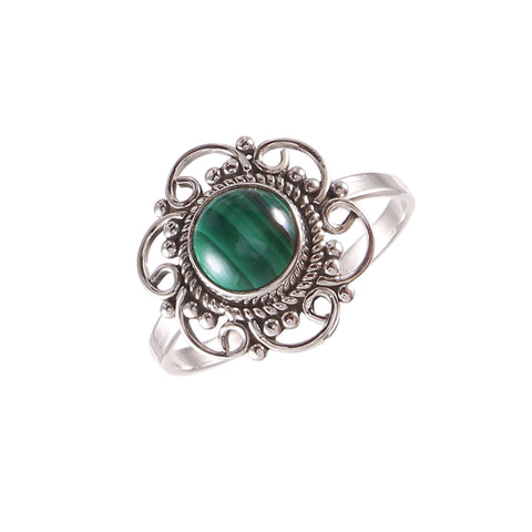 Solid 925 Sterling Silver Handmade Round Flower Malachite Ring By Jewelldiro