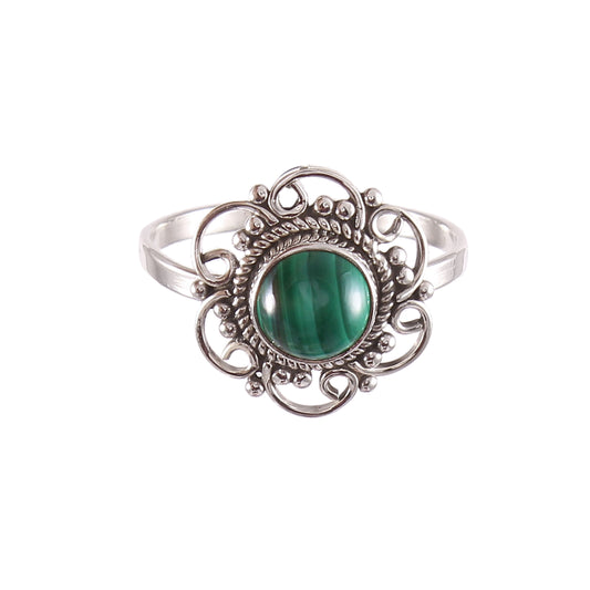 Solid 925 Sterling Silver Handmade Round Flower Malachite Ring By Jewelldiro