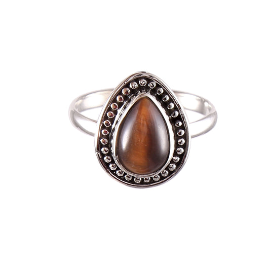 925 Sterling Silver Tiger's Eye cabochon Pear Shape Ring