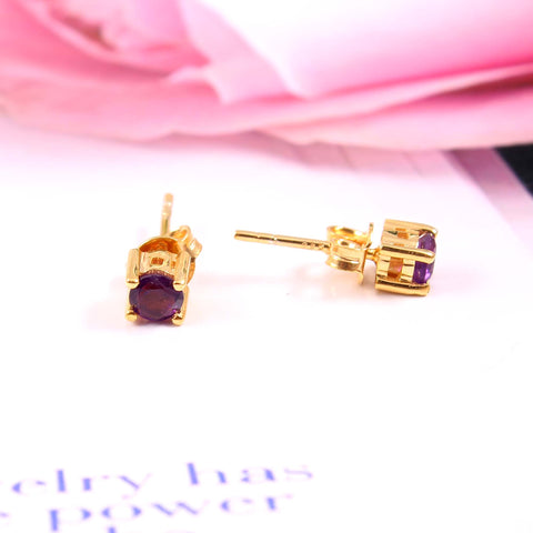 925 Sterling Silver Gold Plated Natural Amethyst Stud Earrings