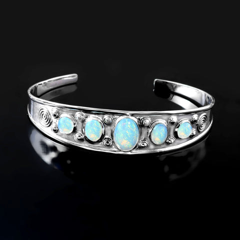 Solid 925 Sterling Silver Handmade Adjustable Opal Cuff | Adjustable Woman Christmas Bangle Silver Opal Cuff