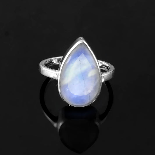 Solid 925 Sterling Silver Pear Shape Rainbow Moonstone Ring For Birthday Gift For Women