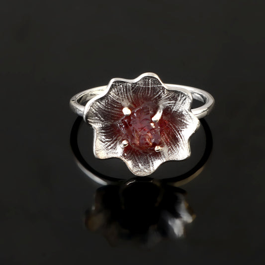 925 Sterling Silver Handmade Raw Garnet Flower Prong Setting Rings For Women