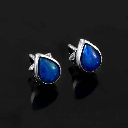 925 Sterling Silver Handmade Pear Shape Blue Opal Gemstone Stud Earring ift