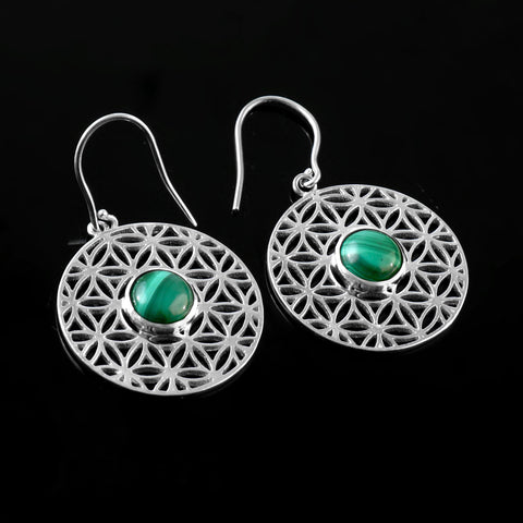 925 Sterling Silver Filigree Mandala Malachite Bohemian Dangle & Drop Earring