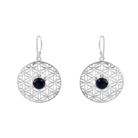 925 Sterling Silver Filigree Mandala Black Onyx Flower Of Life Dangle & Drop Earrings