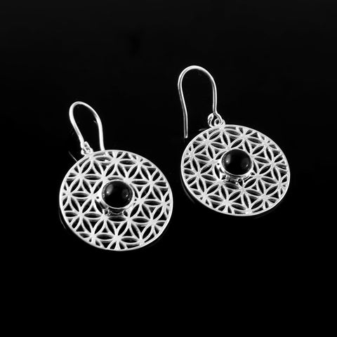 925 Sterling Silver Filigree Mandala Black Onyx Flower Of Life Dangle & Drop Earrings