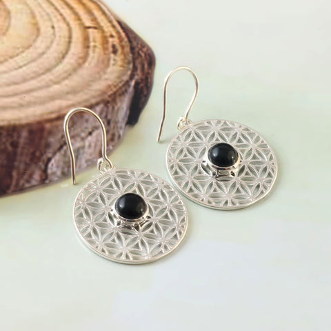 925 Sterling Silver Filigree Mandala Black Onyx Flower Of Life Dangle & Drop Earrings