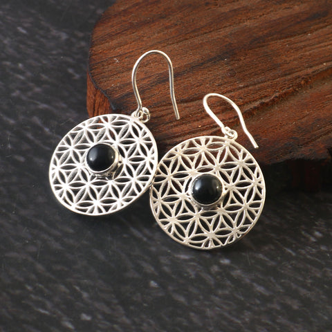 925 Sterling Silver Filigree Mandala Black Onyx Flower Of Life Dangle & Drop Earrings