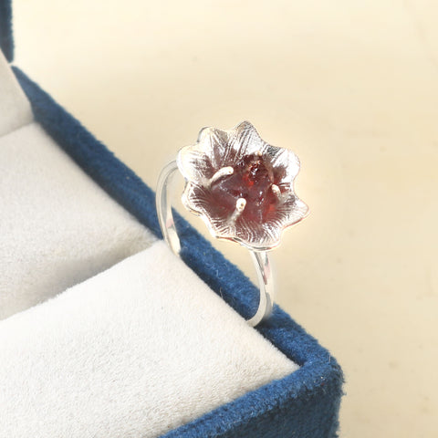 925 Sterling Silver Handmade Raw Garnet Flower Prong Setting Rings For Women