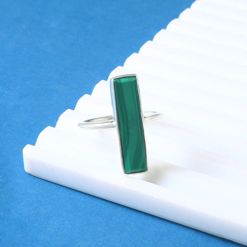 925 Sterling Silver Handmade Malachite Gemstone Rectangle Shape Ring