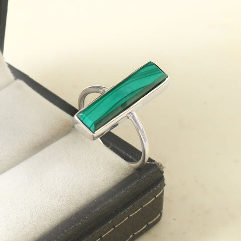 925 Sterling Silver Handmade Malachite Gemstone Rectangle Shape Ring