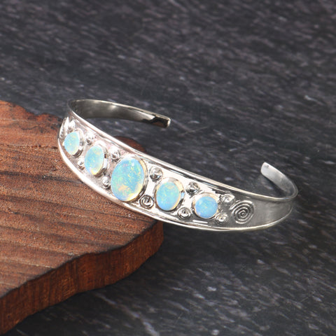 Solid 925 Sterling Silver Handmade Adjustable Opal Cuff | Adjustable Woman Christmas Bangle Silver Opal Cuff