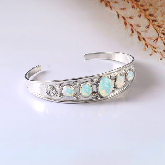 Solid 925 Sterling Silver Handmade Adjustable Opal Cuff | Adjustable Woman Christmas Bangle Silver Opal Cuff