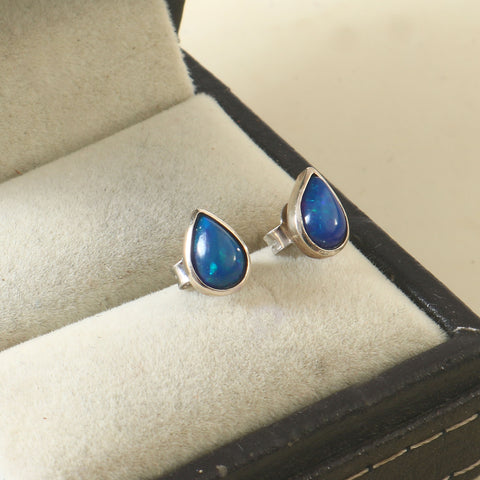 925 Sterling Silver Handmade Pear Shape Blue Opal Gemstone Stud Earring ift