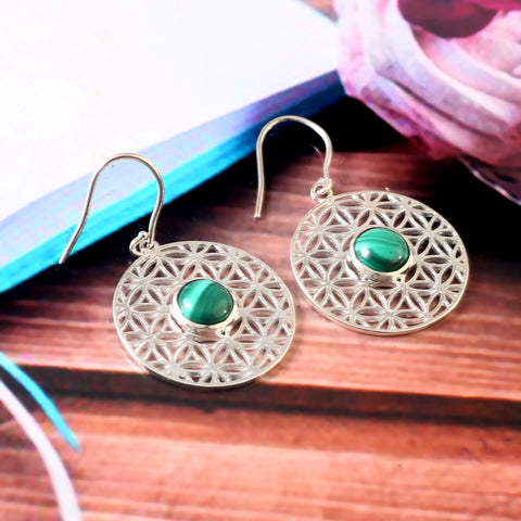 925 Sterling Silver Filigree Mandala Malachite Bohemian Dangle & Drop Earring