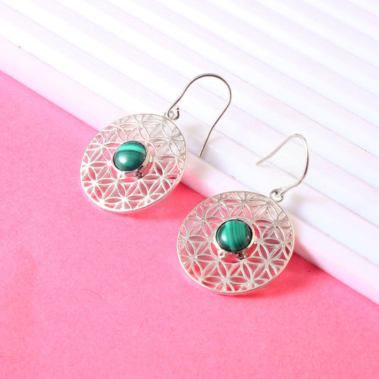 925 Sterling Silver Filigree Mandala Malachite Bohemian Dangle & Drop Earring