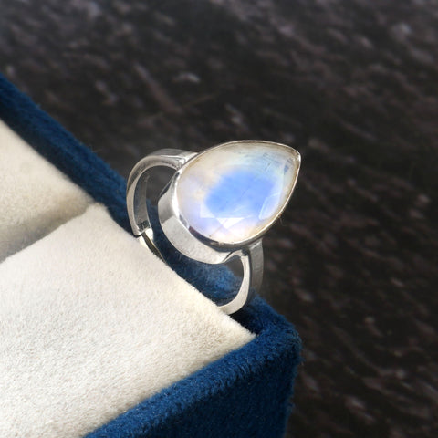 Solid 925 Sterling Silver Pear Shape Rainbow Moonstone Ring For Birthday Gift For Women