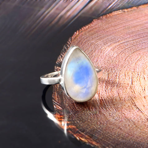 Solid 925 Sterling Silver Pear Shape Rainbow Moonstone Ring For Birthday Gift For Women