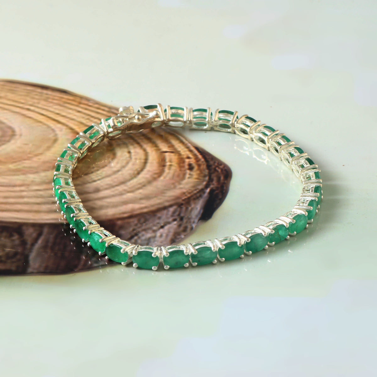 925 Sterling Silver Green Emerald Handmade Oval Shape Bracelet by Jewelldiro