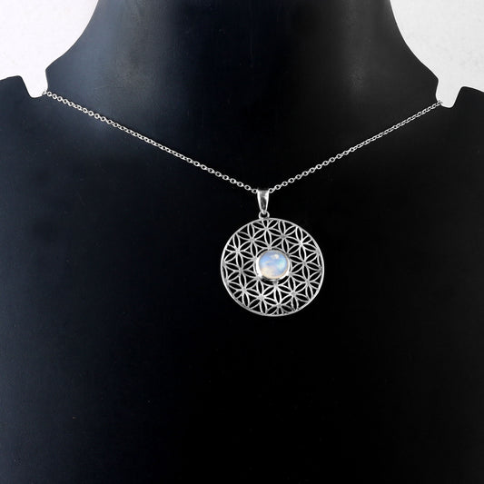 Solid 925 Sterling Silver Rainbow Moonstone Round Shape Mandala Pendant Necklace by Jewelldiro