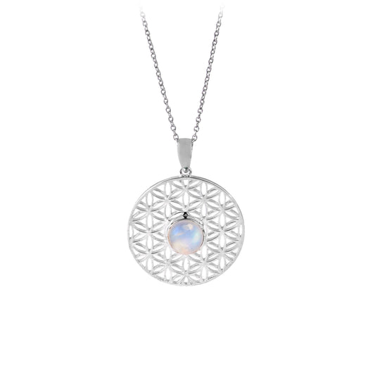 Solid 925 Sterling Silver Rainbow Moonstone Round Shape Mandala Pendant Necklace by Jewelldiro