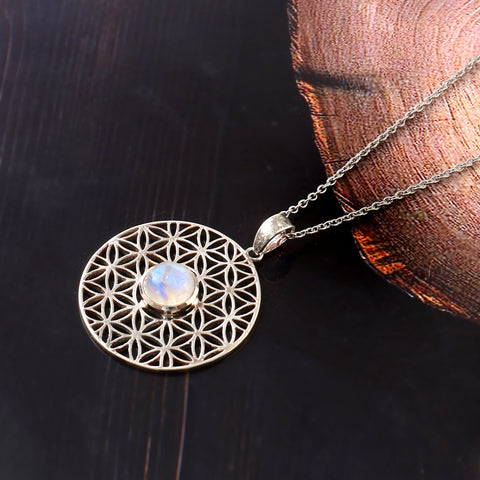 Solid 925 Sterling Silver Rainbow Moonstone Round Shape Mandala Pendant Necklace by Jewelldiro