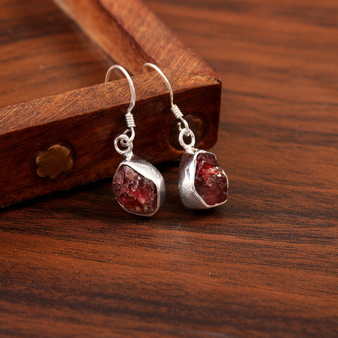 Natural Raw Garnet Earrings Red Garnet Small Hoop Earrings For Daily Wear 925 Sterling Silver Uncut Earring For Her Dangle Silver Earring