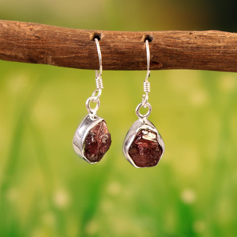 Natural Raw Garnet Earrings Red Garnet Small Hoop Earrings For Daily Wear 925 Sterling Silver Uncut Earring For Her Dangle Silver Earring