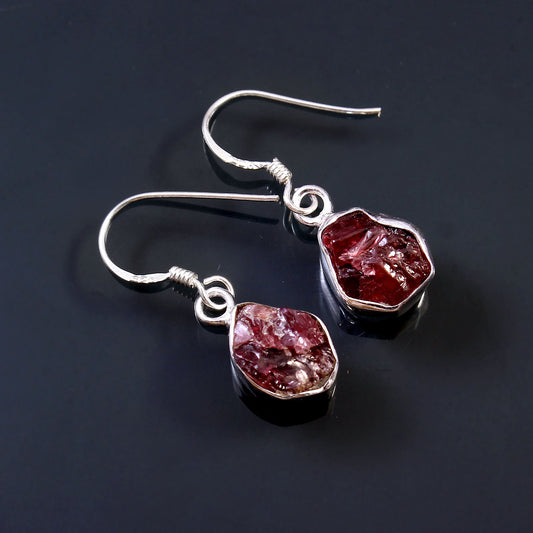 Natural Raw Garnet Earrings Red Garnet Small Hoop Earrings For Daily Wear 925 Sterling Silver Uncut Earring For Her Dangle Silver Earring