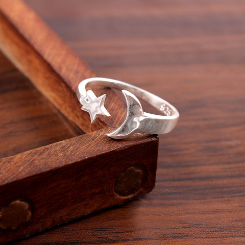 Solid 925 Sterling Silver Adjustable Star Moon Love Ring By Jewelldiro