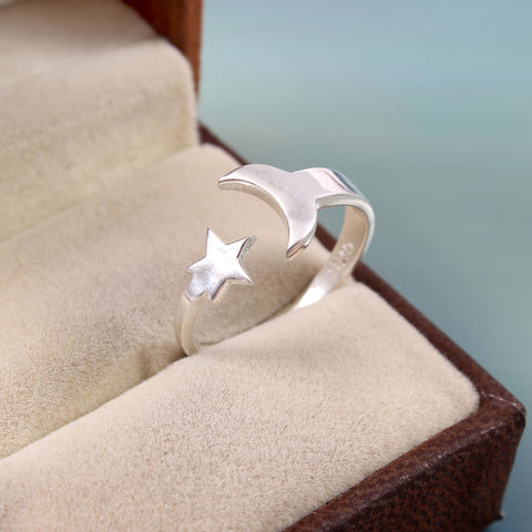 Solid 925 Sterling Silver Adjustable Star Moon Love Ring By Jewelldiro