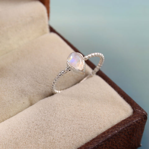 925 Sterling Silver Handmade eaded Pear Cabochon Rainbow Moonstone Ring