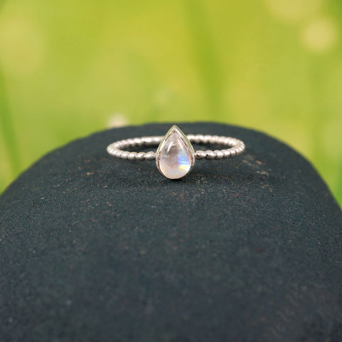 925 Sterling Silver Handmade eaded Pear Cabochon Rainbow Moonstone Ring