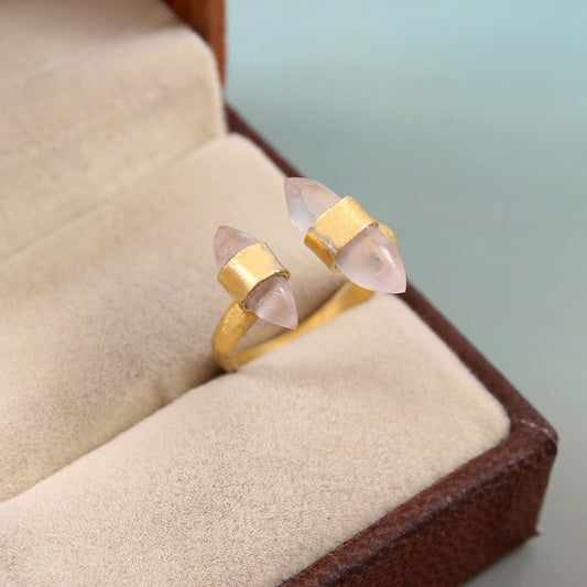 925 Sterling Silver Handmade Adjustable Rose Quartz Gemstone Gold Plated Rings For Women